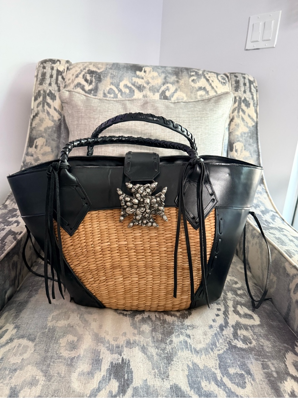 CBGB &Omfug Woven Straw Tote with Black Leather Trim and Star Embellishment